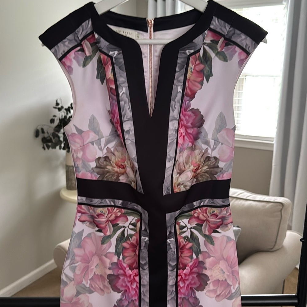 Ted Baker Pink floral Dress with black accents and Rose Gold Zipper size 6 US